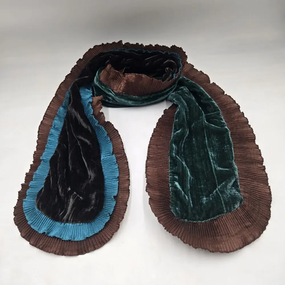 Vtg Y2K Blue Brown Velvet Ruffle Scarf Whimsigoth Fairycore Pleated Wrap 60x7
